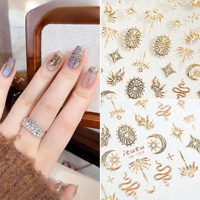 1 Sheets 5D Gold Star Nail Stickers for Nail Art Self Adhesive Embossed Moon Snake Nail Art Stickers Gold Star Moon Snake Design Nail Decals for Women Girl DIY Nail Decoration