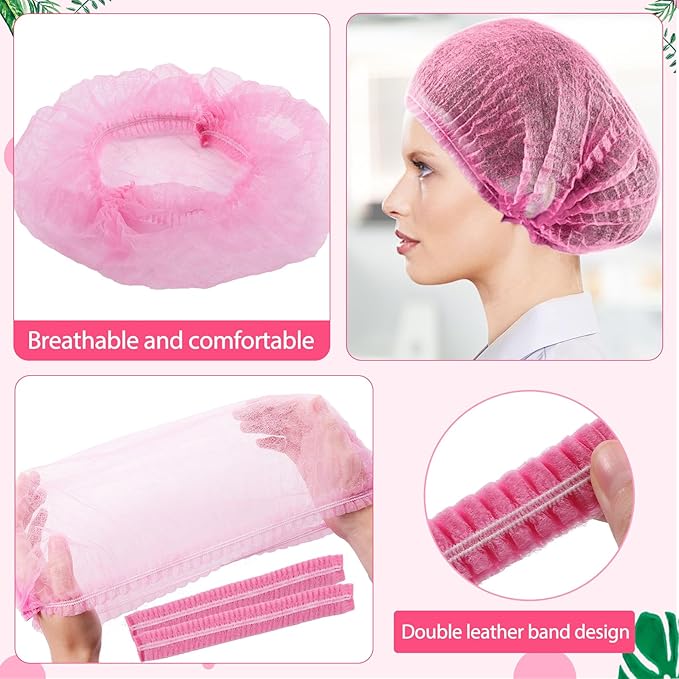 100 Pieces Non-Woven Hair Nets,Disposable Bouffant Caps,20 Inch Elastic Head Cover,Pink Disposable Hair Nets,Hair Net for Food Service,Beauty Salon Cosmetics Spa Men & Women(Pink)