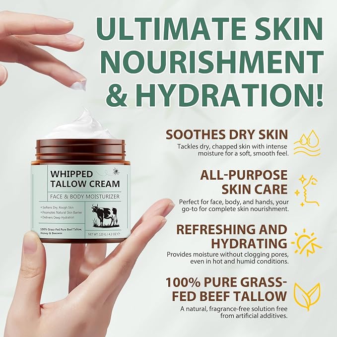 Beef Tallow for Skin, 2pcs Organic Beef Tallow Moisturizer, Grass Fed Beef Tallow for Face and Body with Honey Beeswax, Deeply Moisturizing Unscented Fast Absorption 4.2oz