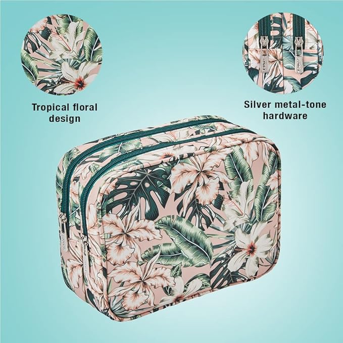 Conair Makeup Bag - Travel Toiletry Bag - Cosmetic Bag - Toiletry Bag for Women - Double Zip Organizer - Tropical Print