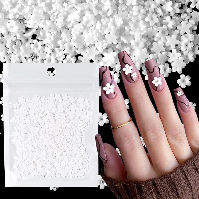 1000 Pcs White Flowers Nail Charms, Small Flower Charms for Nails, Mixed Spring Tiny Flowers Acrylic Nail Charm with Metal Golden Beads for Nails Art DIY Jewels Accessories