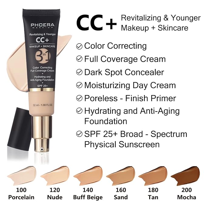 Hilareco PHOERA Foundation,PHOERA CC Cream Foundation Color Correcting Anti Aging Hydrating Serum &SPF 25+,PHOERA Primer, PHOERA Makeup Foundation, Makeup Brushes (102 Nude+100 Porcelain CC Cream)