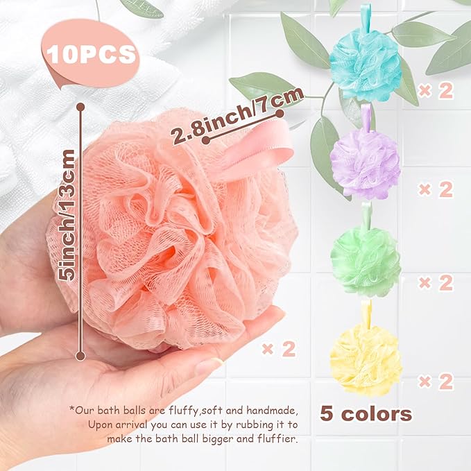 10Pcs Shower Loofahs,Bath Shower Loofah Sponge,Shower Pouf Ballsfor Women,Men,Cleaning Bathing Accessories,Body Wash Bathroom,Exfoliating Body Scrubber(5 Colors)