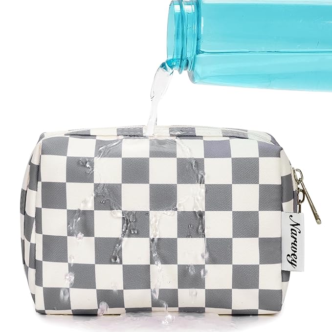 Narwey Small Checkered Makeup Bag for Purse Mini Cosmetic Bag Travel Makeup Pouch Zipper Pouch Cute Make up Bags with Compartments for Women Girls (Grayish Blue Checkerboard, Small)