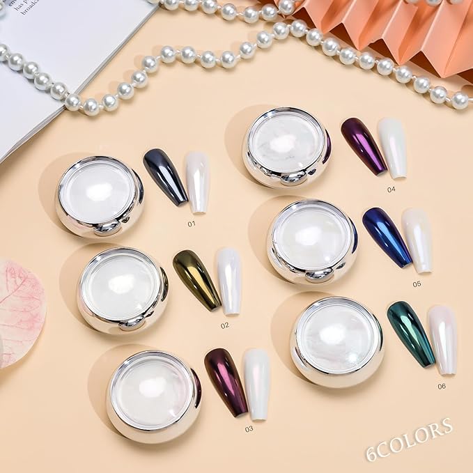 6 Pcs White Chrome Powder, Pearl Effect Nail Powder Shell Nail Glitter Dust Nail Powder with Magic Mirror Effect for Nail Art Design Decoration