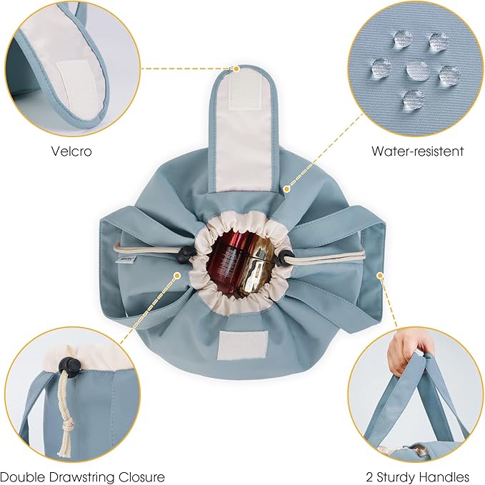 Narwey Barrel Drawstring Makeup Bag Large Floral Cosmetic Bag Make up Bags Toiletry Bag Travel Bags for Toiletries Organizer for Women Gift for Teen Girls (Greyish Blue) (Patent)