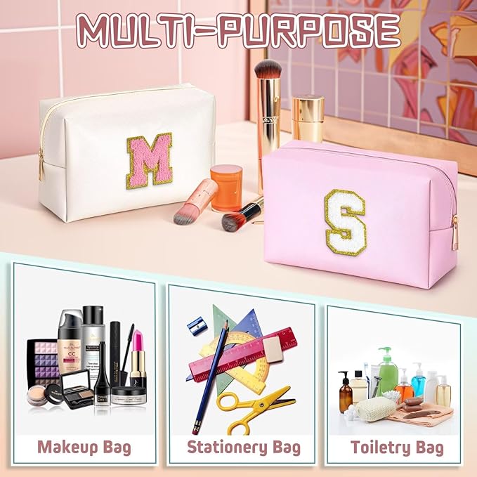 TOPEAST Preppy Pink PU Leather Makeup Bag with Gold Glitter Chenille Patch, 8.3in x 3.5in x 4.9in
