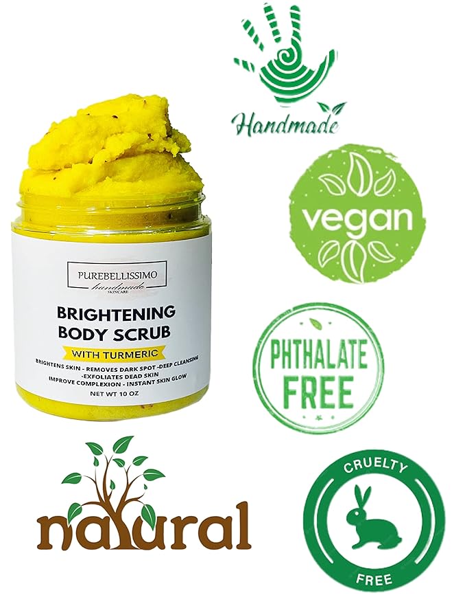 Turmeric Skin Brightening Scrub for Dark Spots, Dark Inner Thighs Bikini Area Underarms, Natural Exfoliating Turmeric Face Scrub ALL NATURAL 10OZ