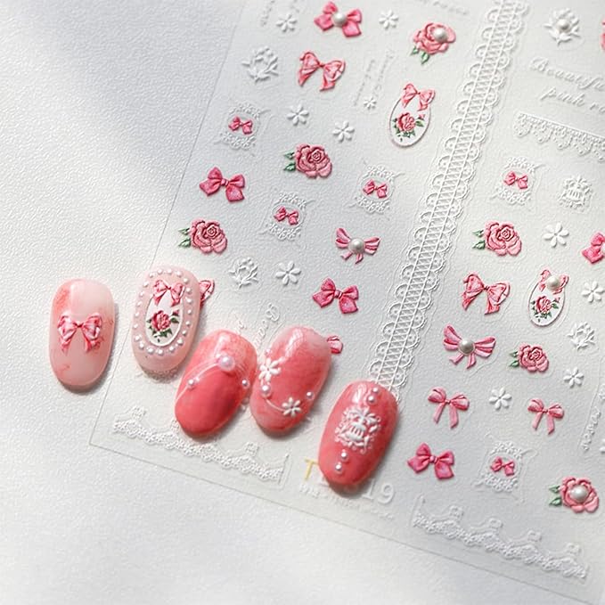 1 Sheets Embossed Pink Bow Nail Stickers for Nail Art 5D Self Adhesive Flower Nail Art Stickers with Pearl Design Pink Bows Floral Nail Decals White Small Flowers for Women DIY Manicure Decor