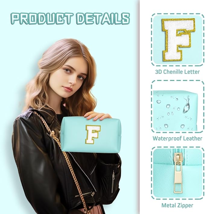 TOPEAST Cosmetic Travel Bags for Women, Preppy Small Makeup Bag, PU Leather Waterproof Toiletry Bag, Unique Friendship Gifts for Friends Coworker, Cute Stuff for Girls (Blue R)