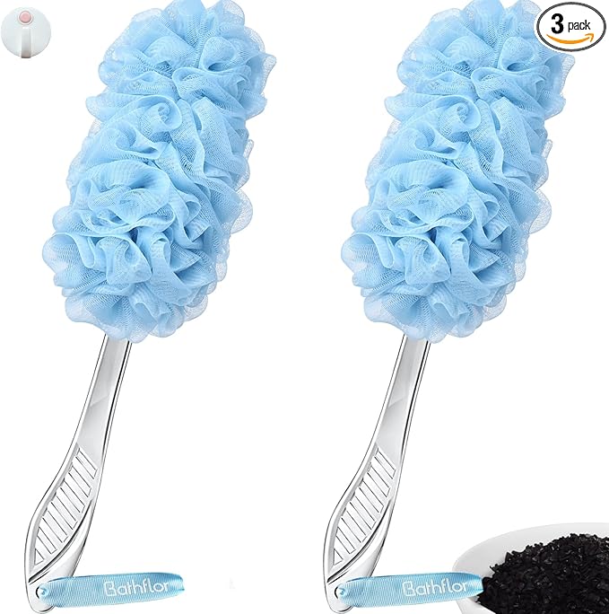(2+1) Pack Back Scrubber for Shower,Loofah with Handle: 2PCS Long Handle Loofa Back Scrubber, 1PCS Luffa Hook, Charcoal Loofah Pack for Women Men Bath Wash, Blue