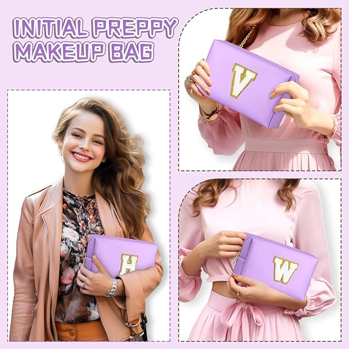 TOPEAST Preppy Makeup Bag, Small Cosmetic Travel Bags for Women, PU Leather Waterproof Toiletry Bag with Zipper, Personalized Birthday Gift for Women Girl, Preppy Gifts for Girl (Purple F)