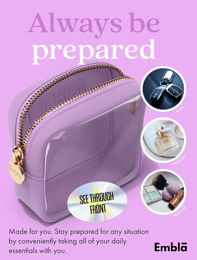 Embla Clear Cosmetic Bag Makeup Case, Clear Zipper Make Up Pouch and Toiletry Travel Tote, Cute Skincare Pouches for Women Girls, Preppy Purse Cosmetic Organizer, Mini Makeup Bags, Grape