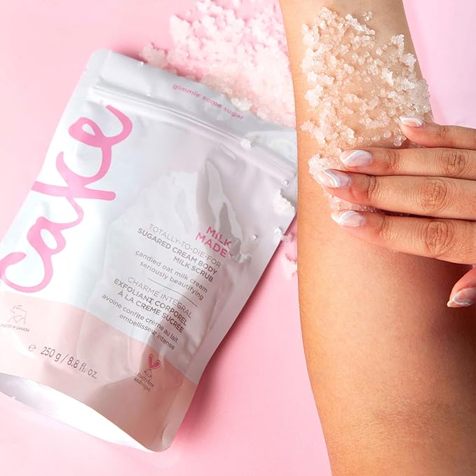 Cake Beauty Milk Made Vegan Body Sugar Scrub- Shea Butter, Candied Oat Milk & Marshmallow Root Extract - Gentle Exfoliating Hand, Leg, Foot & Body Sugar Soap Scrub & Moisturizing Shower Wash for Women