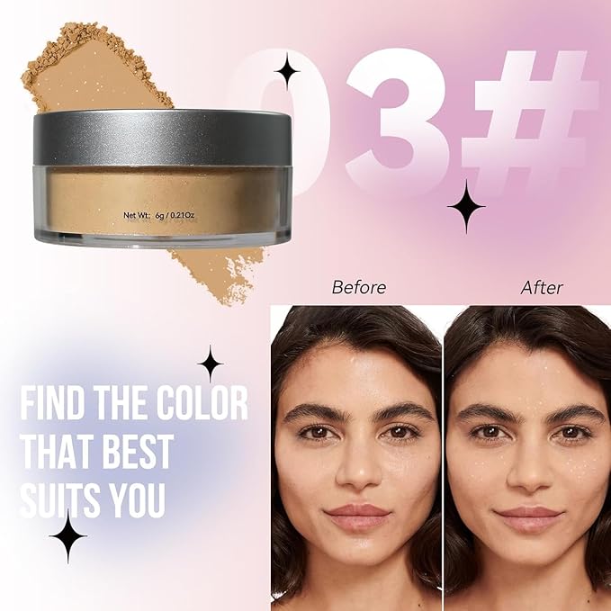 Oil Control Loose Powder, Translucent Setting Powder, Long-Lasting Shimmer, Lightweight Face Powder for Women, Polvo Traslúcido Maquillaje (03#, 1pc)