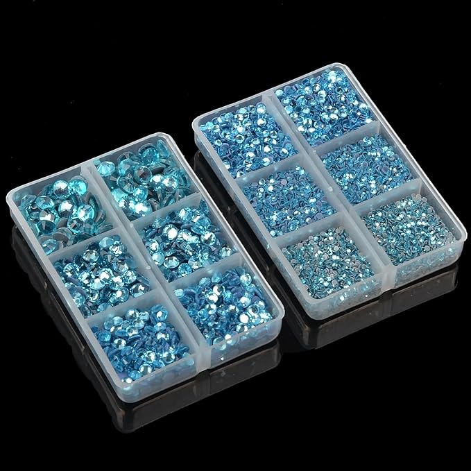10000Pcs 2-Boxes Mixed Size Hot Fix Round Crystals Gems Glass Stones Hotfix Flat Back Rhinestones with Tweezers and Picking Pencil (Aquamarine)