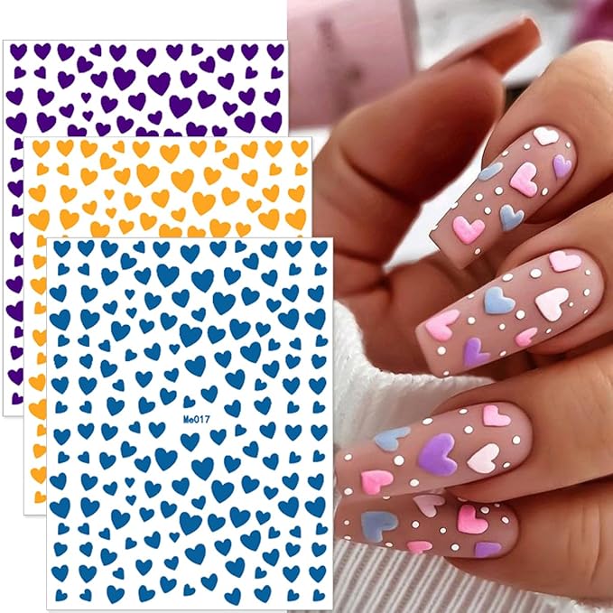 10 Sheets Heart Nail Stickers - 3D Self-Adhesive Glitter Colorful Valentine's Day Nail Decals - DIY Decoration for Women & Girls