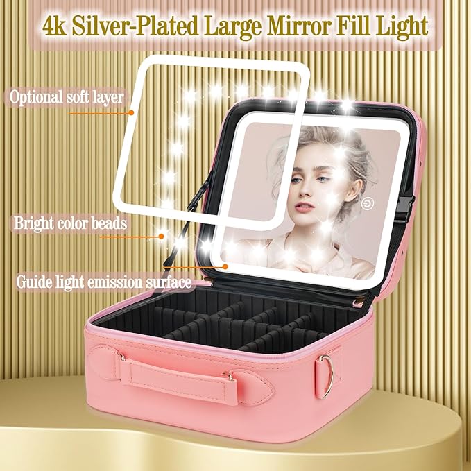 Travel Makeup Bag with Light Up Mirror,Makeup Travel Case with adjustable dividers,Waterproof Makeup Train Case,lighted Makeup Case with Detachable Mirror