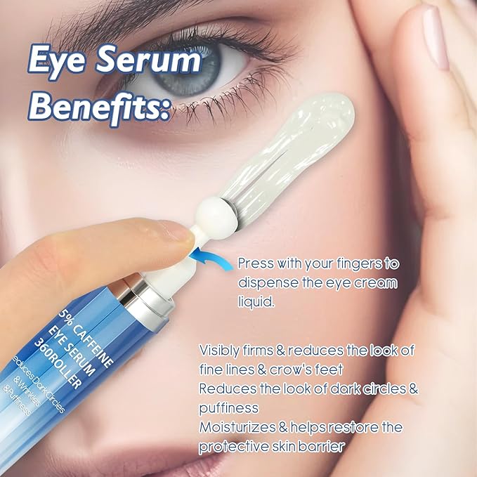 Eye Serum with 5% Caffeine & 5% Retinol – Under Eye Cream with Hyaluronic Acid, Niacinamide & Peptides for Dark Circles, Puffiness & Fine Lines – 360° Massage Roller Ball, 0.5 fl. oz