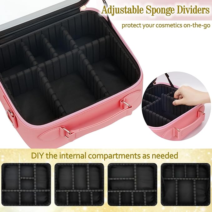Travel Makeup Bag with Light Up Mirror,Makeup Travel Case with adjustable dividers,Waterproof Makeup Train Case,lighted Makeup Case with Detachable Mirror