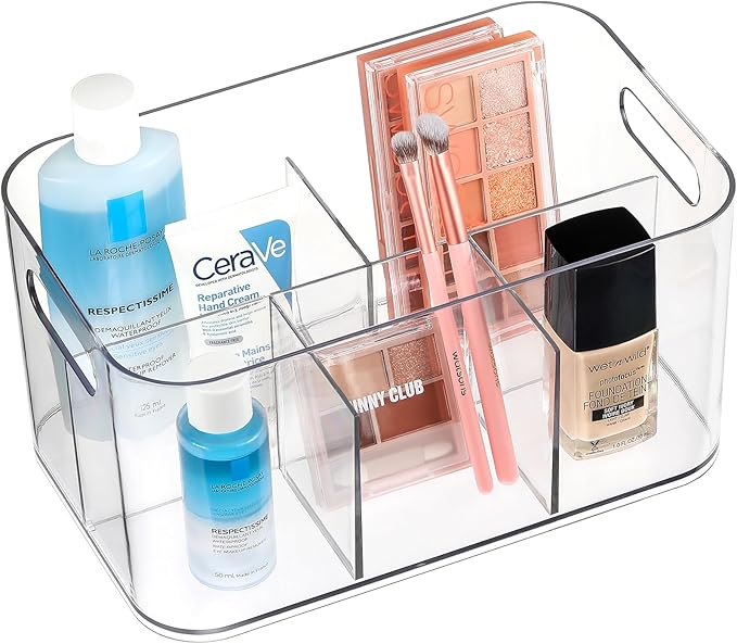 2 Pack, 5-Compartment Clear Plastic Bin - Divided Art Supplies, Cosmetic Makeup Caddy Organizer - Multiuse Storage Container for Vanity, Bathroom, Kitchen, Office, Craft, Shower, Cleaning Items