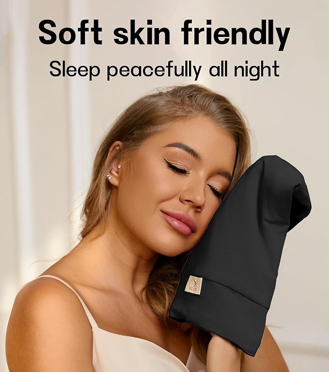 100% Mulberry Silk Bonnet for Sleeping for Curly Hair and Braids, Wrap with Adjustable Strap for Women and Men,Real Silk, Not Satin(1Pc,Black)