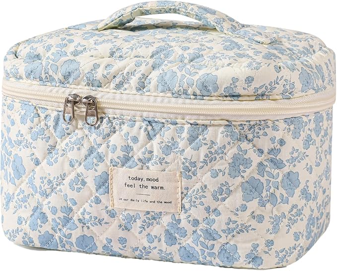 uekeboag Large Travel Quilted Makeup Bag for Women, Floral Cotton Cosmetic Bag, Coquette Aesthetic Floral Toiletry Organizer Bag
