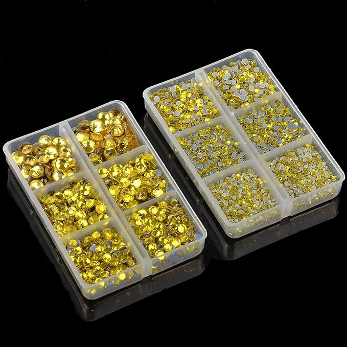 10000Pcs 2-Boxes Mixed Size Hot Fix Round Crystals Gems Glass Stones Hotfix Flat Back Rhinestones with Tweezers and Picking Pencil (Yellow)