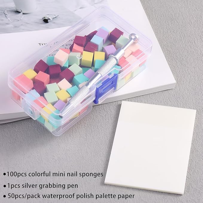 100Pcs Soft Nail Sponges for Ombre Mini Nail Art Sponges With Grabbing Pen Colorful Aura Nail Sponge Set Brush for Gel Nails Gradient Sponge With Disposable Gel Polish Palette Paper