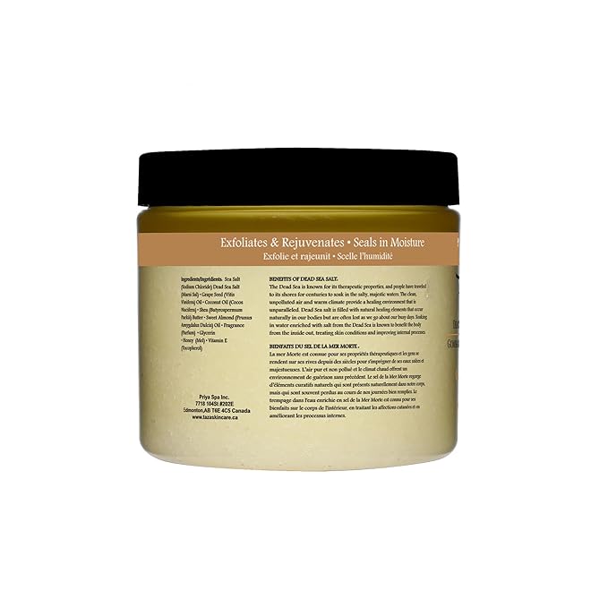 Premium Taza Oats and Honey Dead Sea Salt Scrub, 473 ml 24 oz (670 g) Exfoliates Your Skin Leaving it Soft and Hydrated Contains: Coconut Oil, Shea Butter, Grapeseed Oil, Sweet Almond Oil, 26 Minerals