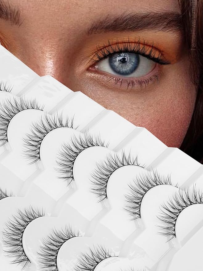Eyelashes Natural Looking Wispy Lashes 10mm Short Strip Lashes False Eyelashes C Curl Eye Lashes Pack 3D Volume Eyelashes 0.1MM Thin Band Siligli Lashes 7 Pair