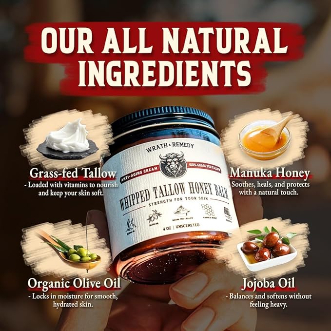 Wrath & Remedy Handmade Whipped Organic Beef Tallow for Skin - 4 OZ (3-Pack) — Grass Fed Beef Tallow Moisturizer and Honey Balm for Silky, Sensitive-Skin, Eczema, Rosacea - Free of Harsh Chemicals