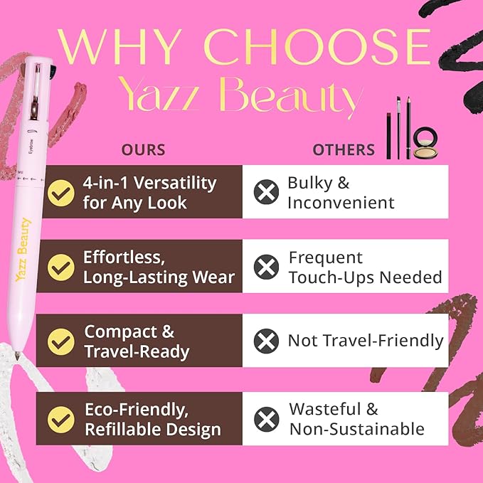 YazzBeauty - 4 in 1 Makeup Touch Up Pen with Berry Lip Liner, Black Eyeliner, Medium Brown Eyebrow Pencil, and White Shimmer Highlighter, Compact Beauty Pen, Smudge Proof, Vegan, Cruelty-Free
