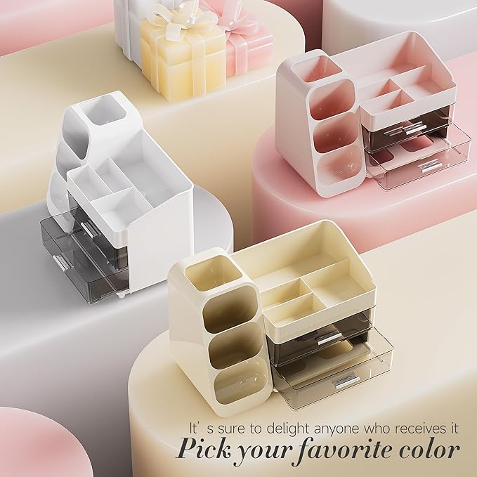 Delamu Makeup Organizer with Drawers for Vanity, Spacious Cosmetic Display Case with Makeup Brush Holder, Perfect Vanity Bathroom Organizer and Storage Solution for Skincare & Beauty Essentials, White
