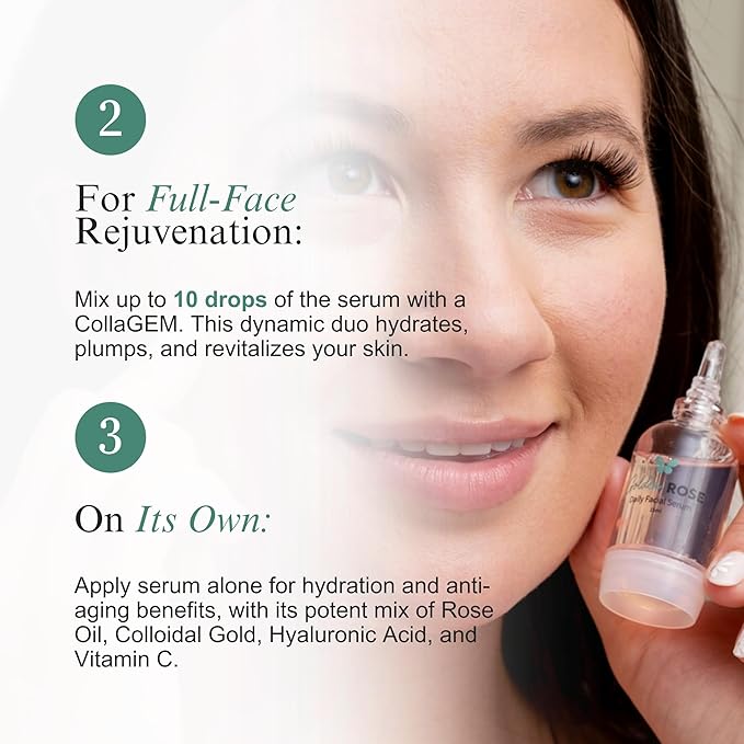 Golden ROSE Serum + CollaGEMS - Pure Rose Essential Oil with Colloidal Gold, Hyaluronic Acid & Vitamin C & Collagen Balls - Daily Face Routine for Anti-aging, Firming, Restore & Brighten Skin
