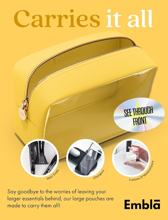Embla Clear Cosmetic Bag Makeup Case, Clear Zipper Make Up Pouch and Toiletry Travel Tote, Cute Skincare Pouches for Women Girls, Preppy Purse Cosmetic Organizer, Large Makeup Bags, Lemon