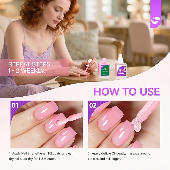 Gelike EC Nail Care Gift Set: Pink Fingernail Nail Growth Treatment & Peach Cuticle Oil 15ml - Cute & Fruity Manicure Set for Thin Peeling Nails - Women Mom Girlfriend Teens Girls Favorite