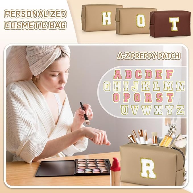 TOPEAST Monogrammed Gift for Women Girls, Personalized Initial Makeup Bags Cosmetic Bag with Zipper, Cute Makeup Pouch, PU Leather Waterproof Toiletry Bag, Preppy Gifts Stuff for Girl (Khaki E)