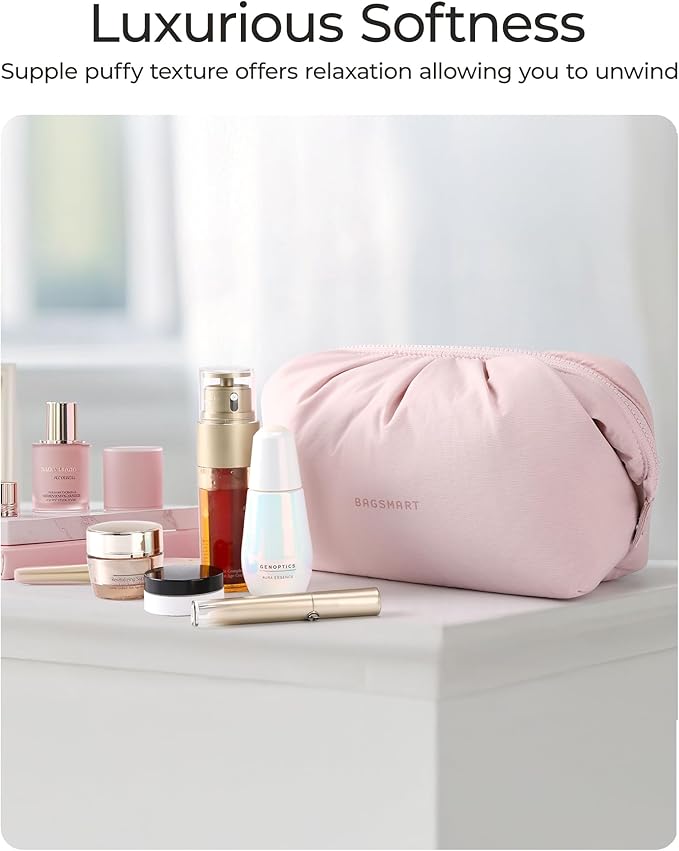 BAGSMART Makeup Bag Travel Toiletry Bag, Cute Make Up Bag, Large Capacity Cosmetic Bags for Women, Wide-open Makeup Pouch Travel Essentials Toiletries Accessories Brushes (Pink)