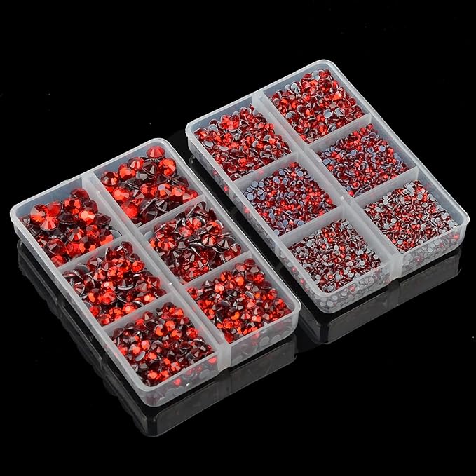 10000Pcs 2-Boxes Mixed Size Hot Fix Round Crystals Gems Glass Stones Hotfix Flat Back Rhinestones with Tweezers and Picking Pencil (Light Siam)