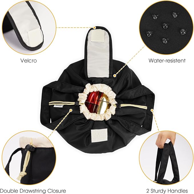 Narwey Barrel Drawstring Makeup Bag Large Cosmetic Bag Make up Bags Women and Girls Toiletry Organizer for Travel Toiletries Accessories Essentials (Black) (Patent)