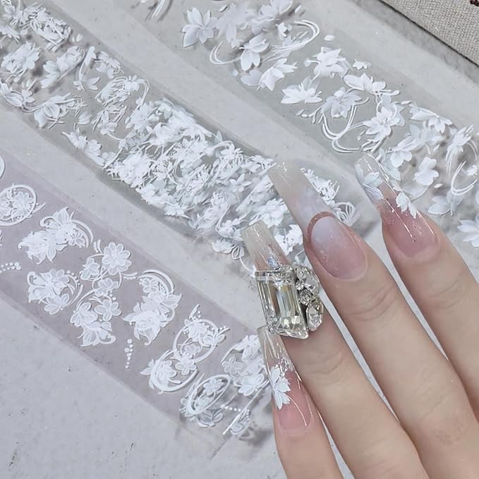 10Roll/Box White Flowers Nail Foil Transfer Stickers for Nail Art Design 3D Holographic Nail Art Foils Starry Paper Floral Butterfly Nail Stickers Lace Petals Rose Nail Decals Wraps Foils for Nail DIY
