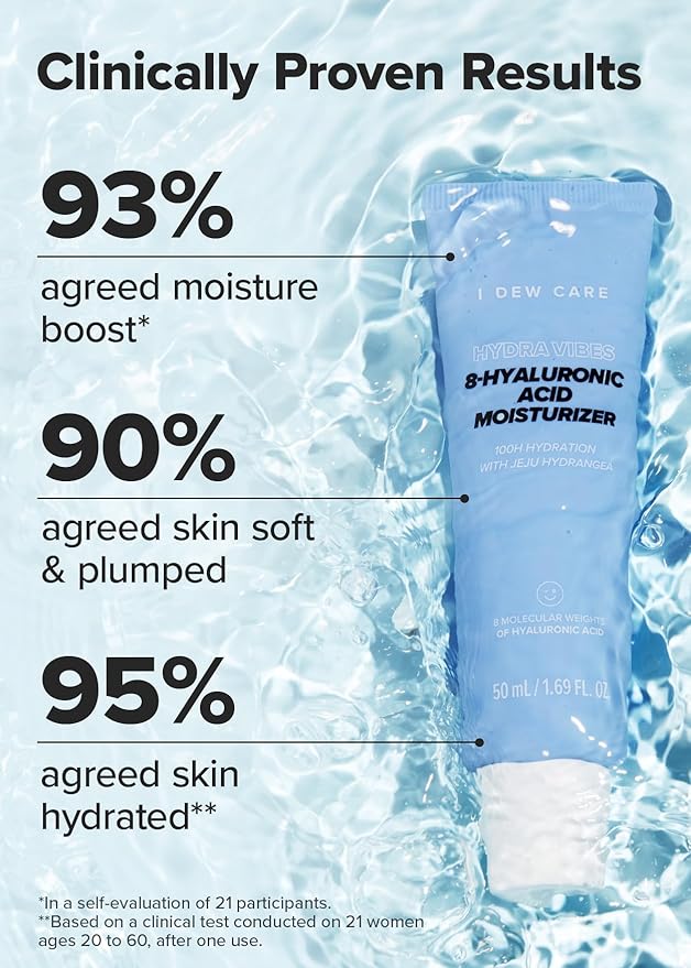 I DEW CARE Skin Care - Hydra Vibes 8-Hyaluronic Acid Moisturizer | Hyaluronic, Face Moisturizer, Hypoallergenic Formula, Glass Skin, Vegan, Cruelty-Free, Illuminating, 1.69 FL Oz.