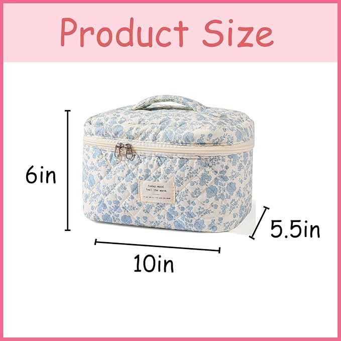 uekeboag Large Travel Quilted Makeup Bag for Women, Floral Cotton Cosmetic Bag, Coquette Aesthetic Floral Toiletry Organizer Bag