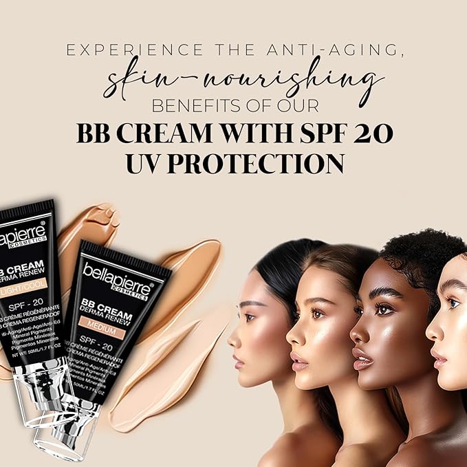 bellapierre BB Cream with SPF 20 - Tinted Sunscreen, Concealer, Matte Foundation, & Moisturizing Face Cream | Lightweight Formula + Pump Top Applicator | Non-Toxic & Paraben Free | 1.7 Oz - Light