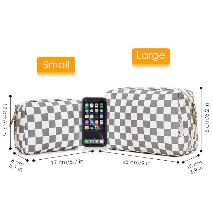 Narwey Small Checkered Makeup Bag for Purse Mini Cosmetic Bag Travel Makeup Pouch Zipper Pouch Cute Make up Bags with Compartments for Women Girls (Grayish Blue Checkerboard, Small)