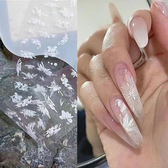 10Roll/Box White Flowers Nail Foil Transfer Stickers for Nail Art Design 3D Holographic Nail Art Foils Starry Paper Floral Butterfly Nail Stickers Lace Petals Rose Nail Decals Wraps Foils for Nail DIY