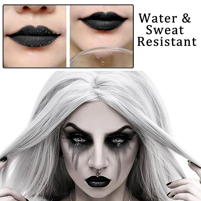 2PCS Matte Black Lip Liner and Lipstick Set, High Pigmented Liquid Lipstick, Long Lasting Waterproof Lipgloss Liner for Goth Christmas Halloween Cosplay Makeup