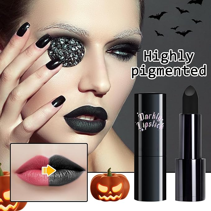 Matte Black Lipstick,Highly Pigmented Non-stick Cup Halloween Black Lip Gloss for Skull Cosplay Goth Skeleton Zombie Clown,Waterproof Long Lasting Eye Black Makeup Stick for Softball Baseball Sports