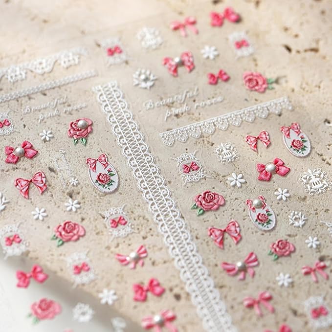1 Sheets Embossed Pink Bow Nail Stickers for Nail Art 5D Self Adhesive Flower Nail Art Stickers with Pearl Design Pink Bows Floral Nail Decals White Small Flowers for Women DIY Manicure Decor